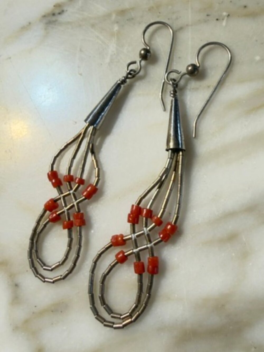 Vintage Native American Liquid Silver & Coral Infinity Loop Dangle Earrings